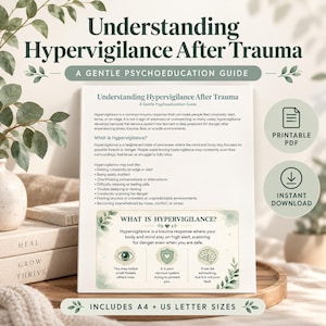 May include: A printable psychoeducation guide titled Understanding Hypervigilance After Trauma. The document defines hypervigilance, lists symptoms, and includes a section explaining the trauma response with icons of an eye, shield, and brain.