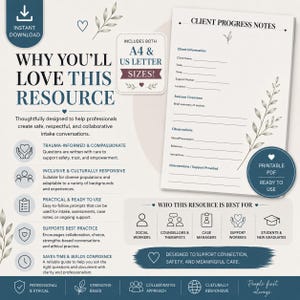 May include: A digital document template titled Client Progress Notes featuring sections for client information, session overview, observations, and interventions. The resource includes A4 and US Letter sizes, with icons and text detailing its use.