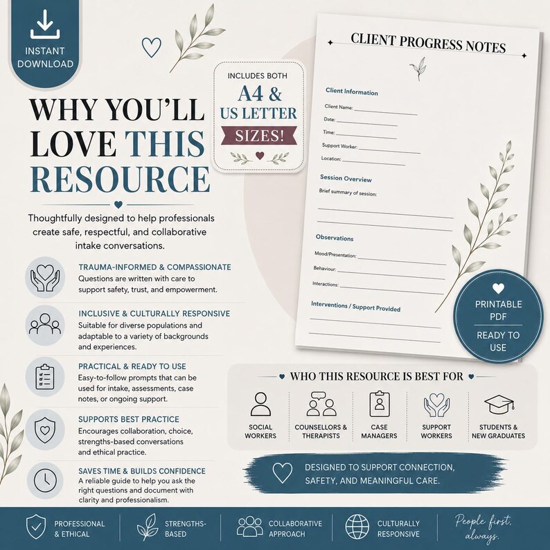 May include: A digital document template titled Client Progress Notes featuring sections for client information, session overview, observations, and interventions. The resource includes A4 and US Letter sizes, with icons and text detailing its use.