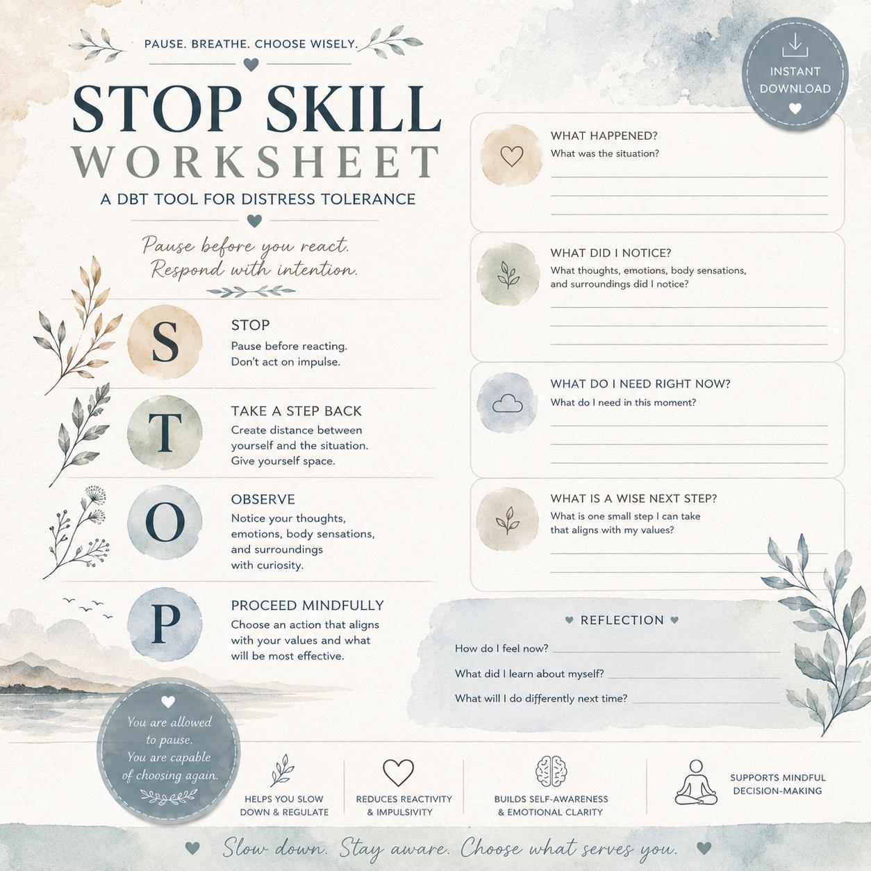 STOP Skill Worksheet | DBT Distress Tolerance Tool PDF - Etsy