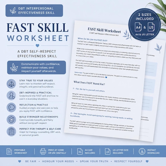 FAST Skill Worksheet | DBT Self-Respect Effectiveness Worksheet | Healthy Boundaries & Assertive Communication Printable PDF