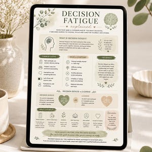 May include: A digital tablet displaying an educational infographic titled Decision Fatigue Explained. The layout features sections on causes, symptoms, impact, and coping strategies, decorated with green botanical illustrations and heart icons.