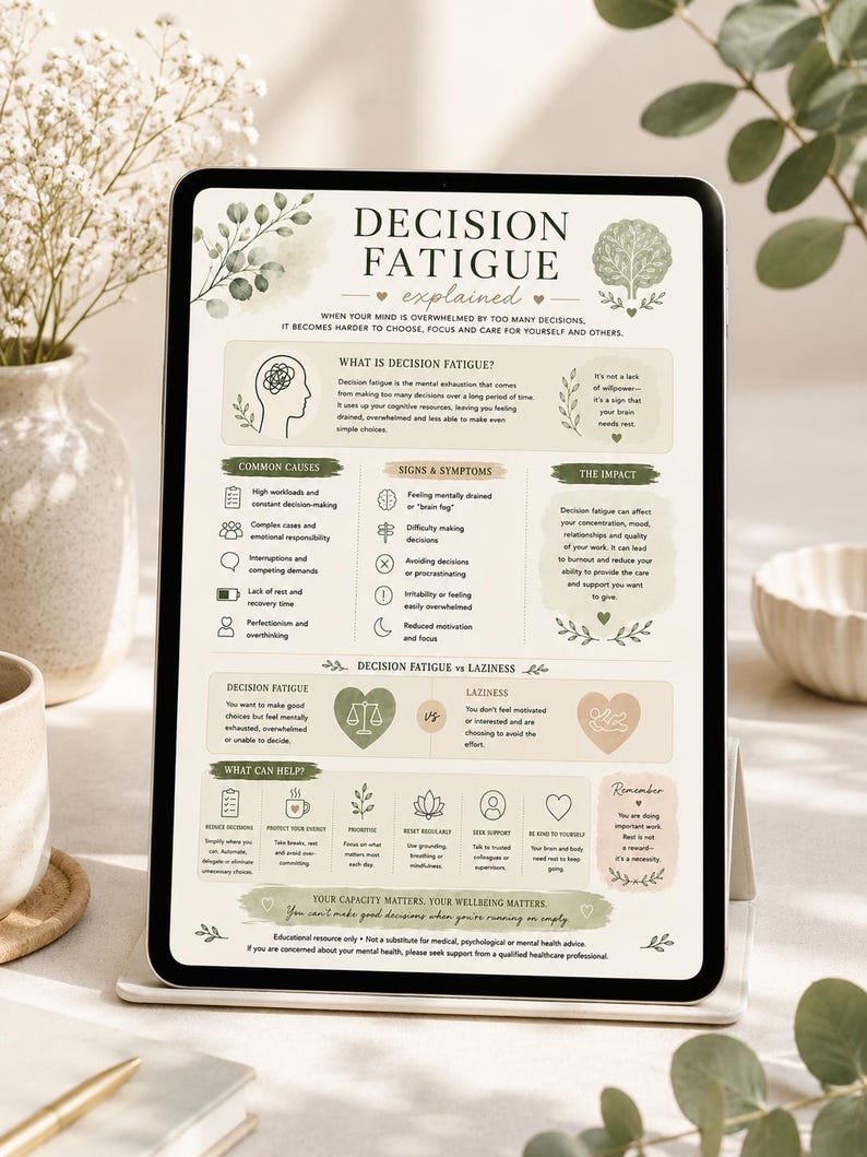 May include: A digital tablet displaying an educational infographic titled Decision Fatigue Explained. The layout features sections on causes, symptoms, impact, and coping strategies, decorated with green botanical illustrations and heart icons.