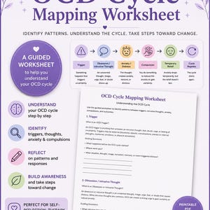 May include: A purple and white OCD Cycle Mapping Worksheet with a flow chart illustrating the cycle of triggers, obsessions, anxiety, compulsions, and relief. The document includes guided questions for self-reflection and identifying patterns.