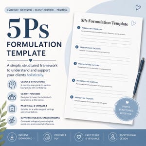May include: A white 5Ps Formulation Template with blue accents, designed for client-centred understanding. The template includes sections for presenting problems, predisposing factors, and more. The design is labelled as simple, structured, and effective.
