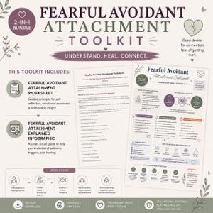 May include: A 2-in-1 Fearful Avoidant Attachment Toolkit featuring a worksheet and an infographic. The documents include text explaining attachment styles, push-pull dynamics, common thoughts, behaviours, emotional experiences, and healing strategies.