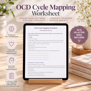 May include: A digital tablet displaying an OCD Cycle Mapping Worksheet with sections for triggers and intrusive thoughts. The screen shows text about understanding the OCD cycle, guiding questions, and blank lines for writing responses.