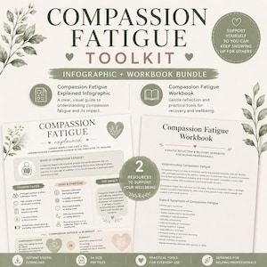 Puede incluir: Un paquete de Compassion Fatigue Toolkit que incluye una infografía y un libro de ejercicios. La infografía explica las causas, síntomas e impactos de la fatiga por compasión. El libro ofrece herramientas de reflexión y recuperación.