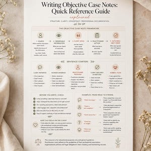 May include: A printed reference guide titled Writing Objective Case Notes: Quick Reference Guide explained. The document outlines a five-step framework, sentence starters, writing checklists, and examples of weak versus strong clinical notes.