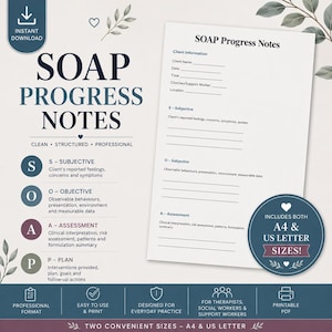 May include: A printable SOAP Progress Notes template featuring sections for client information, subjective, objective, assessment, and plan. The document includes text explaining the SOAP acronym and notes that it includes both A4 and US letter sizes.