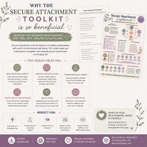 Op de afbeelding: Een digitale educatieve toolkit getiteld Why The Secure Attachment Toolkit Is So Beneficial, met een werkblad en een infographic genaamd Secure Attachment Explained. De lay-out bevat tekst, iconen en florale accenten in gedempt groen en roze.