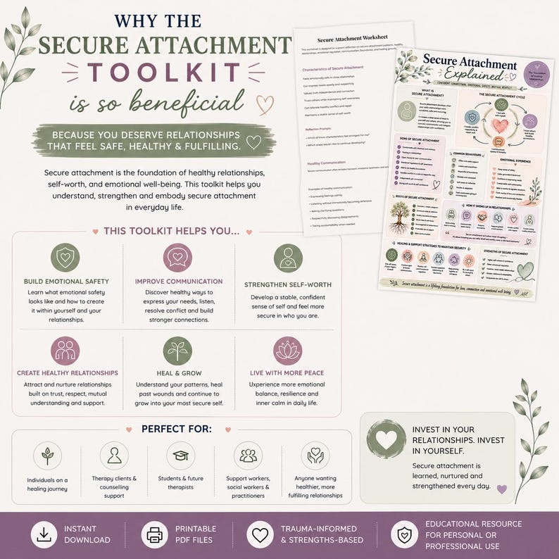Op de afbeelding: Een digitale educatieve toolkit getiteld Why The Secure Attachment Toolkit Is So Beneficial, met een werkblad en een infographic genaamd Secure Attachment Explained. De lay-out bevat tekst, iconen en florale accenten in gedempt groen en roze.