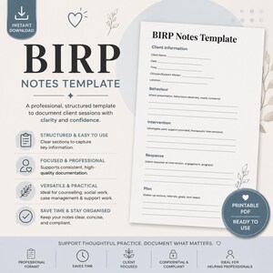 Könnte beinhalten: Eine druckbare BIRP-Notizvorlage im PDF-Format. Die Vorlage enthält Abschnitte für Kundeninformationen, Verhalten, Intervention, Reaktion und Plan. Das Design ist professionell und strukturiert für Klarheit und Benutzerfreundlichkeit.
