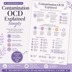 May include: An educational infographic titled Contamination OCD Explained Simply, featuring purple text and icons on a white background. It details the cycle of contamination OCD, common obsessions, compulsions, and impact, including A4 and US Letter sizes.