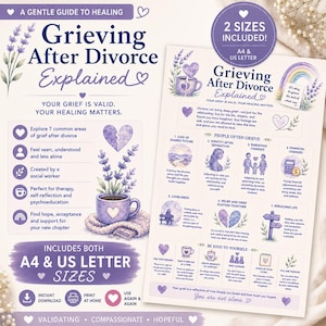 Könnte beinhalten: Ein digitaler Leitfaden mit dem Titel Grieving After Divorce Explained, verziert mit lavendelfarbenen Illustrationen von gebrochenen Herzen, Tassen und Regenbögen. Das Dokument beschreibt sieben Trauerphasen und Tipps, verfügbar in A4 und US Letter.