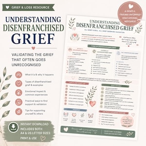 May include: An educational resource titled Understanding Disenfranchised Grief, featuring text, icons, and botanical illustrations. It outlines types of grief, emotional impacts, and support strategies. The document includes A4 and US letter sizes.
