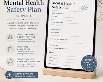 May include: A digital tablet on a wooden stand displays a Mental Health Safety Plan template. The document includes fields for client information, presenting risk, and current plan. Text highlights trauma-informed, structured, and safe design.