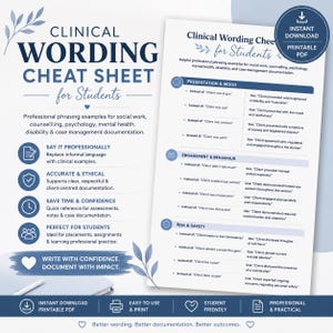 May include: A printable PDF cheat sheet for students, offering professional phrasing examples for social work, counseling, psychology, and mental health documentation. Includes sections on presentation, engagement, and risk assessment. Features a blue and white design.