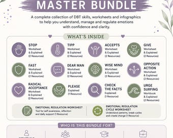 Emotional Regulation Master Bundle | DBT Skills Worksheets | Stop, Tipp, Accepts, Dear Man, Give, Fast, Wise Mind | Therapy