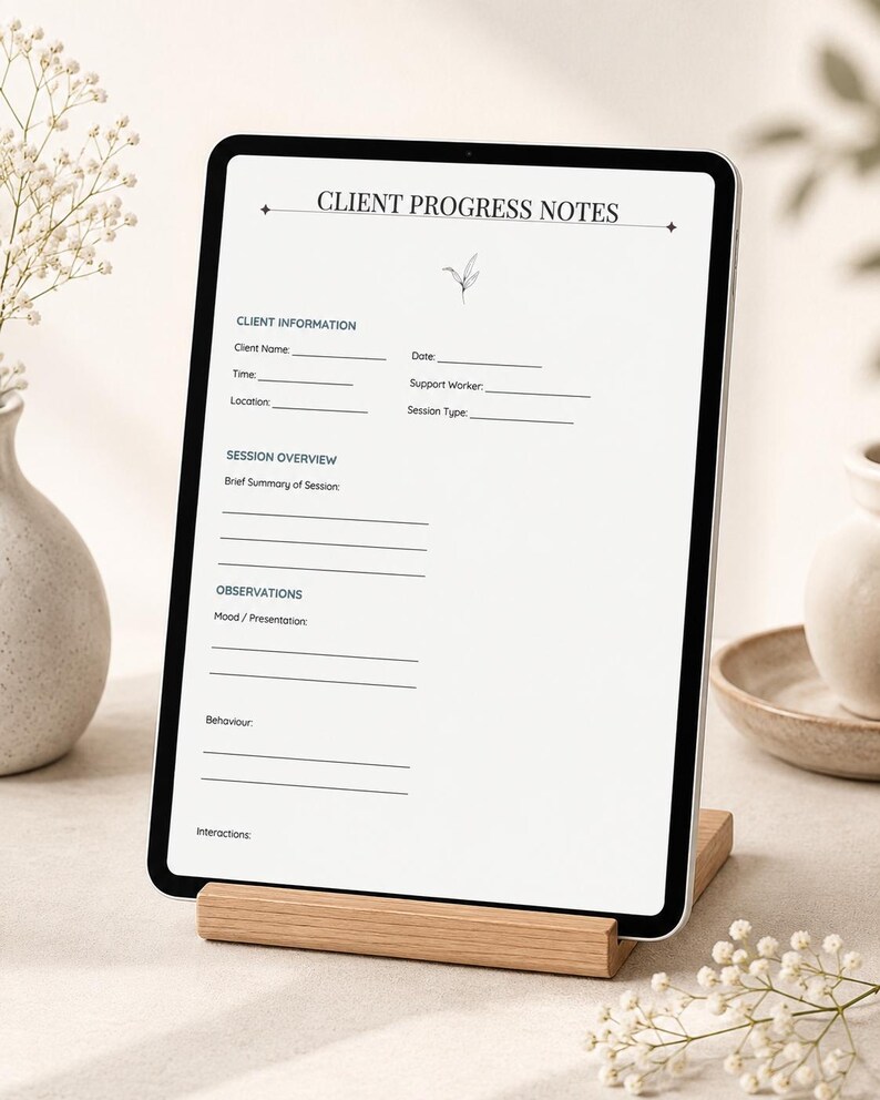 May include: A digital tablet displaying a Client Progress Notes form with sections for Client Information, Session Overview, and Observations. The screen features black text on a white background, including lines for data entry and a small leaf icon.