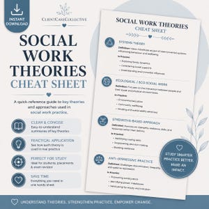 May include: A downloadable cheat sheet titled "Social Work Theories" with key theories and approaches for social work practice. The document includes sections on Systems Theory, Ecological/Eco Social Work, Strengths-Based Approach, and Anti-Oppressive Practice.