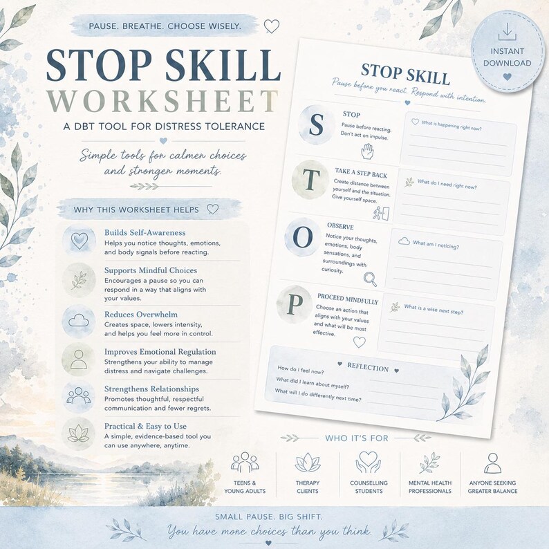 STOP Skill Worksheet | DBT Distress Tolerance Tool PDF - Etsy