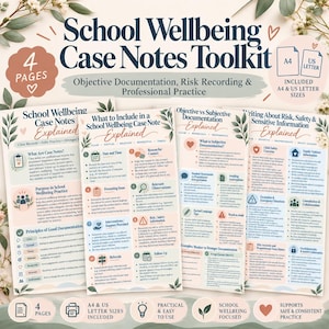 May include: A four-page School Wellbeing Case Notes Toolkit document set featuring guides on objective documentation, risk recording, and professional practice. Includes A4 and US Letter size options with text detailing case note principles.