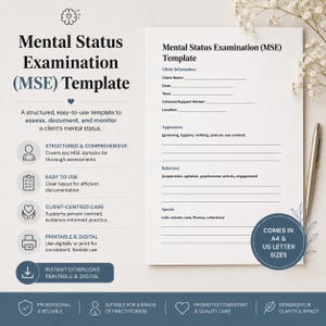 Puede incluir: Una plantilla de documento para el Examen del Estado Mental (MSE) con secciones para información del cliente, apariencia, comportamiento y habla. La página blanca incluye texto negro, líneas para notas y una insignia azul que indica los tamaños A4 y US letter.