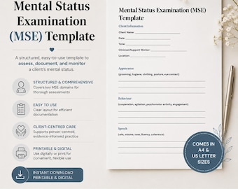 May include: A Mental Status Examination (MSE) template document featuring sections for client information, appearance, behavior, and speech. The white page includes black text, lines for notes, and a blue circular badge stating it comes in A4 and US letter sizes.