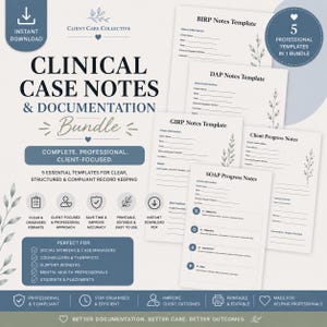 Peut inclure: Un ensemble de notes de cas cliniques et de modèles de documentation. La conception comprend le texte "Clinical Case Notes & Documentation Bundle" et "5 Professional Templates in 1 Bundle". Les modèles sont axés sur les soins aux patients.