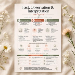 May include: A white educational chart titled Fact, Observation & Interpretation explained, featuring three columns in green, orange, and green. It provides definitions, examples, and key points for clinical documentation, with icons and text throughout.