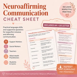 Puede incluir: Una hoja de referencia de comunicación neuroafirmativa en formato digital con una tabla de cambios de lenguaje y preguntas útiles. Incluye secciones para trabajadores sociales, docentes y cuidadores. Es un archivo PDF de descarga inmediata.
