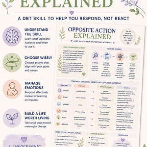 May include: An educational infographic titled OPPOSITE ACTION EXPLAINED, A DBT SKILL TO HELP YOU RESPOND, NOT REACT. It features sections on understanding the skill, choosing wisely, managing emotions, and building a life worth living, with a table of emotion urges and opposite actions.