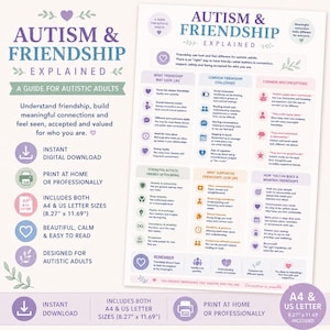 May include: An informational guide titled Autism & Friendship Explained, designed for autistic adults. The document features purple and blue text, icons, and sections detailing friendship challenges, misconceptions, and strengths, available in 8.27 x 11.69 inches.