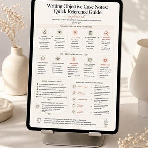 May include: A tablet on a stand displays a document titled Writing Objective Case Notes: Quick Reference Guide. The guide outlines frameworks, sentence starters, and examples for professional documentation, featuring icons and text in a clean layout.