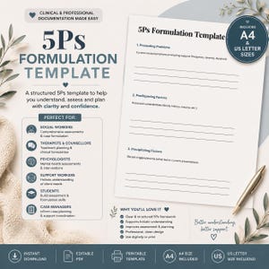 May include: A 5Ps Formulation Template document featuring sections for Presenting Problems, Predisposing Factors, and Precipitating Factors. The page includes text detailing its use for social workers, therapists, and students, with A4 and US Letter sizes.