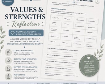 Values and Strengths Worksheet for Students | Social Work Reflective Practice & Professional Identity Tool