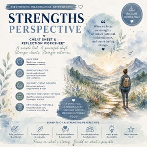 Könnte beinhalten: Digitaler Download mit dem Titel "Strengths Perspective". Das Bild zeigt eine Aquarellillustration einer Person, die auf einen Bergweg zusteuert. Der Text hebt Vorteile wie Selbstvertrauen und verbesserte Beziehungen hervor.