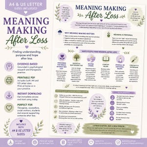 May include: A printable educational document titled Meaning Making After Loss, featuring purple and green botanical accents. The text outlines psychological concepts, practical steps, and gentle reminders for navigating grief, presented in a structured layout.