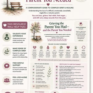 May include: A digital informational guide titled Grieving the Parent You Had and the Parent You Needed. The document features sections on complex grief, emotional validation, and self-care strategies, illustrated with icons, a tree, and a bench.