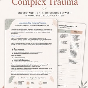 May include: A psychoeducation worksheet titled Understanding Complex Trauma, featuring text explaining the differences between trauma, PTSD, and complex PTSD. The document includes sections on what trauma is, a comparison table, and icons for symptoms.