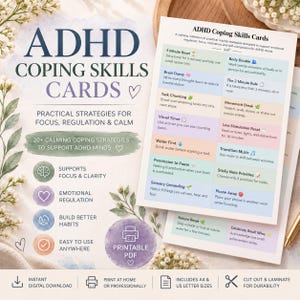 Puede incluir: Un conjunto de tarjetas de habilidades de afrontamiento para el TDAH con una lista de estrategias prácticas para el enfoque y la regulación emocional. Las tarjetas incluyen texto como 5 Minute Reset, Brain Dump y Task Chunking en un diseño de cuadrícula.