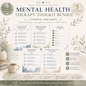 May include: A Mental Health Therapy Toolkit Bundle with 5 cheat sheets. The image features text that reads "Practical tools for meaningful conversations & better outcomes." The bundle includes printable PDFs for instant download. The design is client-focused and trauma-informed.