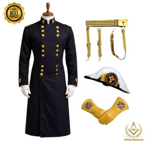 May include: A black military-style coat with gold buttons and cross emblems, displayed with a matching hat, gloves, and belt. The gloves are yellow. The coat is on a mannequin. The image also includes a gold seal that says "100% Best Quality".