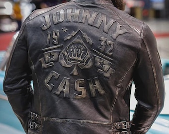 Chaqueta de cuero negra vintage para hombre estilo motero, al estilo de Johnny Cash.