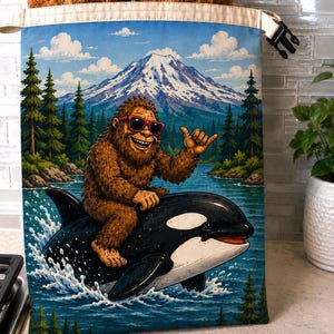 May include: A fabric bread bag featuring a colorful illustration of a brown Bigfoot wearing red sunglasses and making a shaka hand gesture while riding a black and white orca whale in a lake with a snow-capped mountain and pine trees in the background.