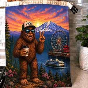 May include: A fabric bread bag featuring a graphic of a brown Bigfoot wearing a PNW cap and sunglasses, holding a coffee cup, and making a peace sign. The background shows a mountain, a Ferris wheel, a ferry, and the text Public Market Center.