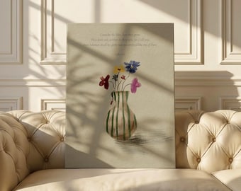 Floreren schrift canvas muurkunst, bijbelvers bloemenprint, geschilderde wilde bloemenvaas, christelijk interieur, uitgerekt canvas, geloof cadeau