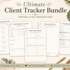 May include: A digital bundle of 10 A4 printable client tracker templates featuring a Client Communication Log, Feedback & Testimonial form, Project Planner, Discovery Call Notes, and Onboarding Checklist with a neutral beige and green design.