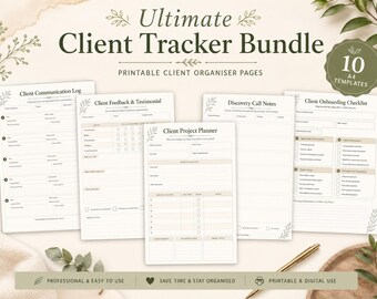May include: A digital bundle of 10 A4 printable client tracker templates featuring a Client Communication Log, Feedback & Testimonial form, Project Planner, Discovery Call Notes, and Onboarding Checklist with a neutral beige and green design.